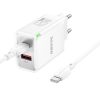 Borofone BN16 hálózati töltő USB + USB-C QC3.0 PD 45W + USB-C kábel, fehér