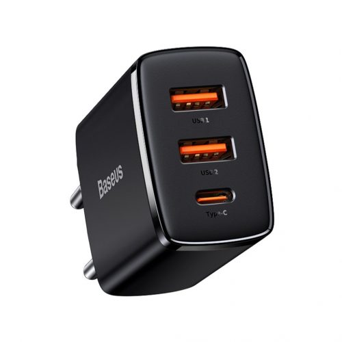 Baseus Compact gyorstöltő 2x USB + USB C, 30W, 3A, PD, QC, fekete (CCXJ-E01)