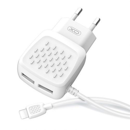 XO L51 fali töltő fehér kábellel, lightning/ 2USB 2,1A, fehér