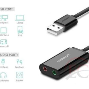 Ugreen 30724 USB külső hangkártya 3,5 mm-es mini jack 15 cm fekete