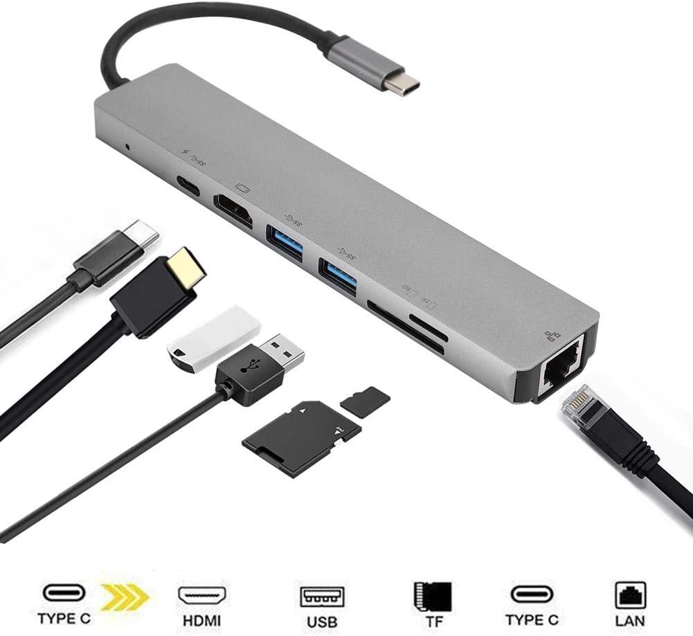 USB-C adapter hub, 7 az 1-ben dokkoló állomás 4K HDMI-vel, LAN RJ45, PD 100W, 2 db USB-A 3.1, SD / TF olvasó, USB-C adatátvitelhez 028-219