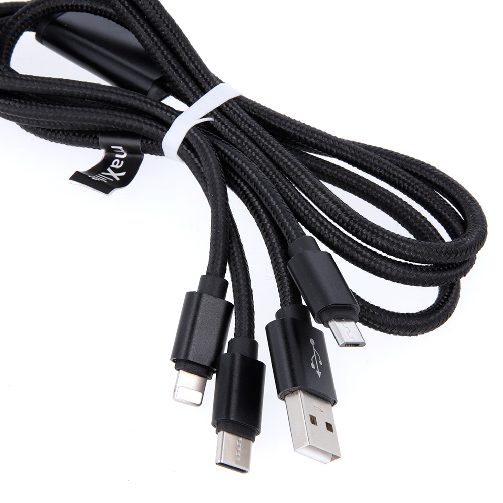 Maxlife OEM-001520 3in1 nylon micro-USB/ C-típus/Lightning gyorstöltő kábel 1m