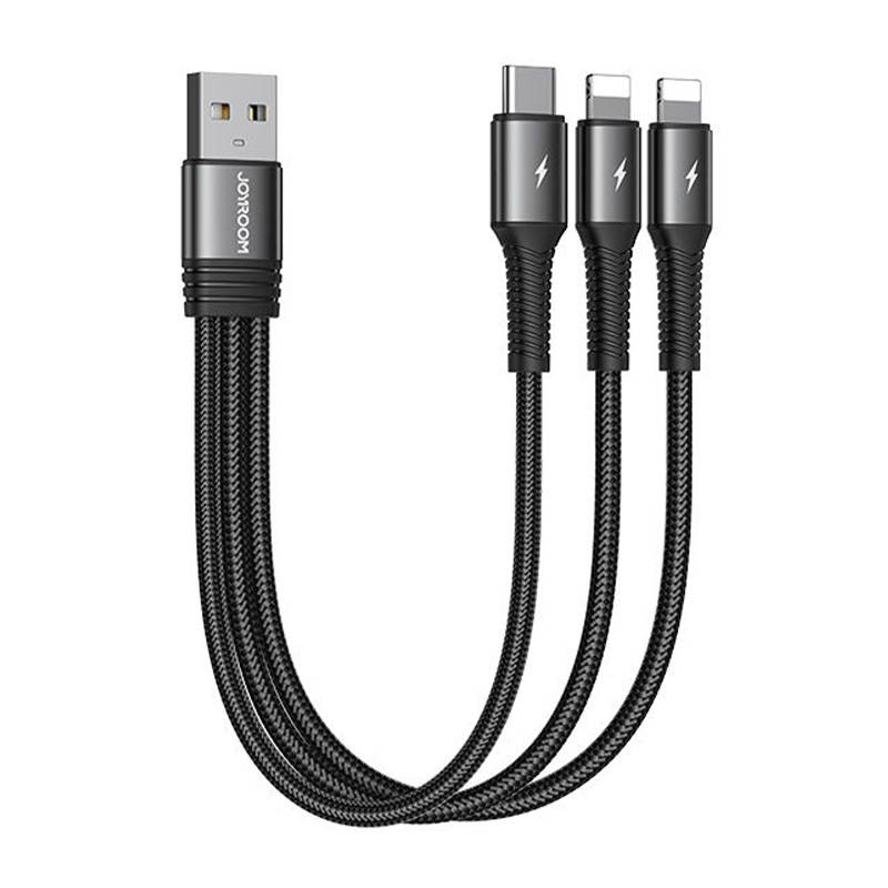 Joyroom S-01530G10 USB-A apa – USB-C/2xLightning 2.0 Adat és töltő kábel – Fekete (0.15m)