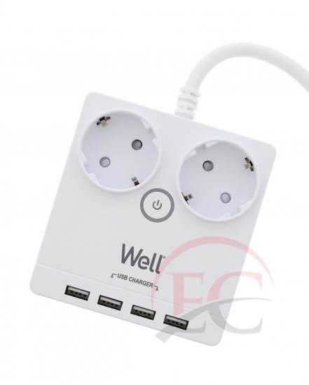 Well EXTS-2S3M-PROT/USB4-WL Kettő férőhelyes földelt kapcsolós elosztó + 4x USB