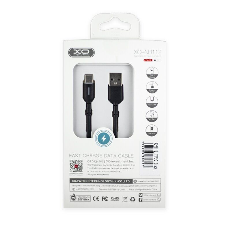 XO USB-USB-C kábel NB112 fekete 3A, fekete 1m
