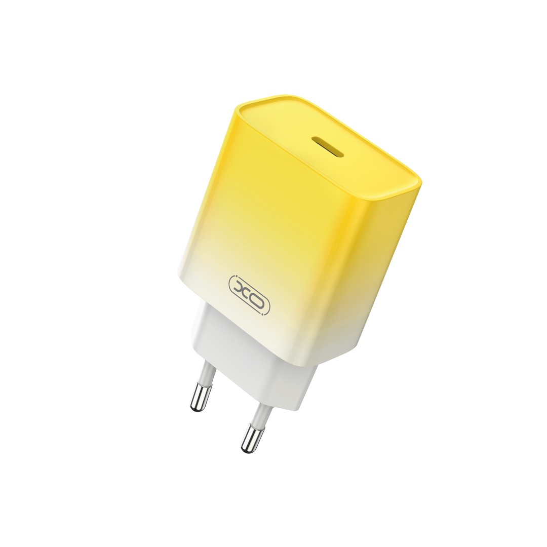 XO CE18 PD hálózati töltő USB-C 30W QC3.0  USB-C-Lightning kábellel– sárga-fehér