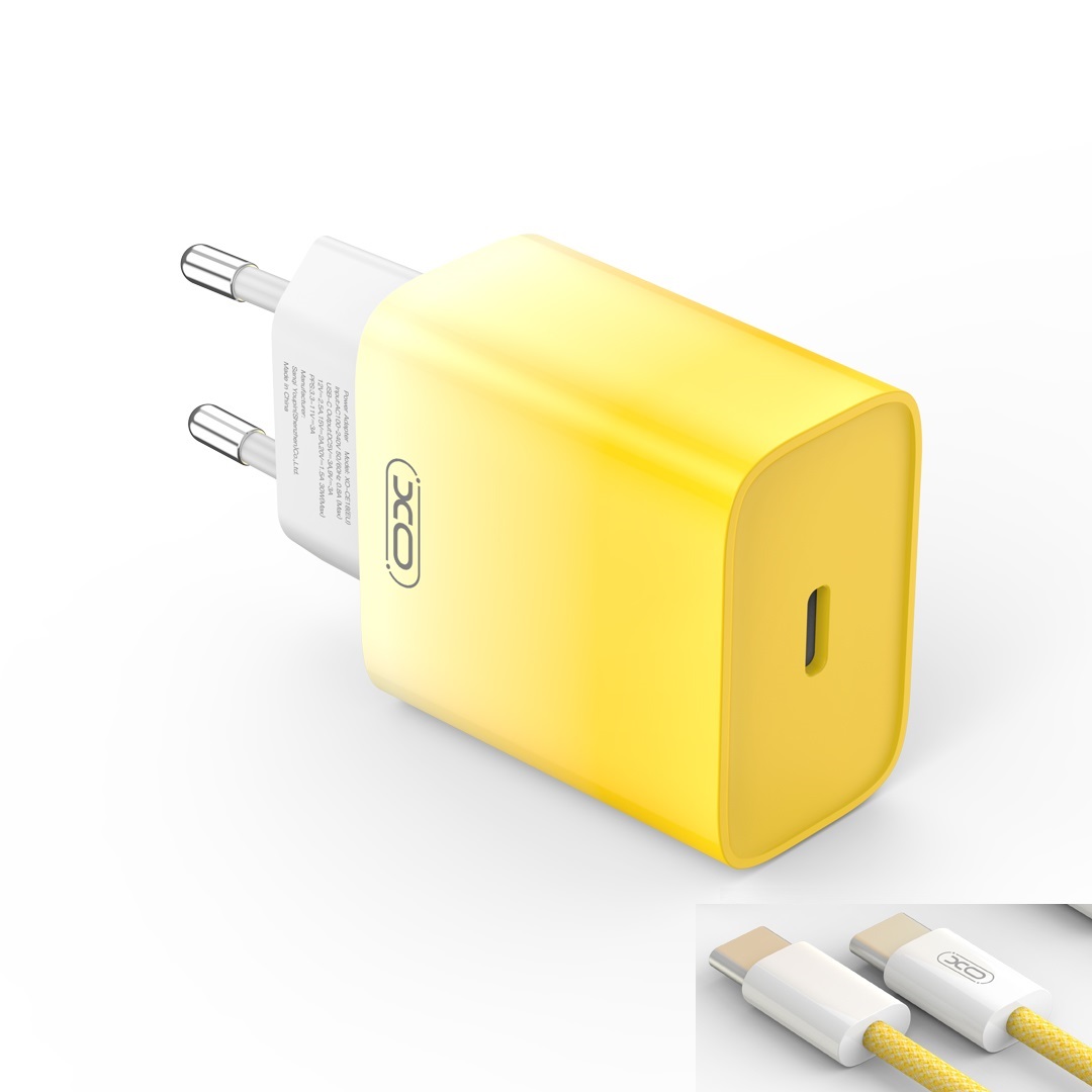 XO CE18 PD hálózati töltő USB-C 30W QC3.0  USB-C-USB-C kábellel – sárga-fehér