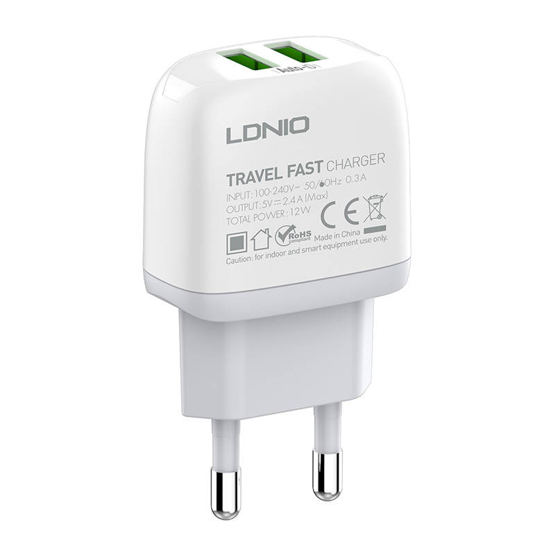 Ldnio A2219 2x USB-A Hálózati töltő + USB-C kábel – Fehér (12W)