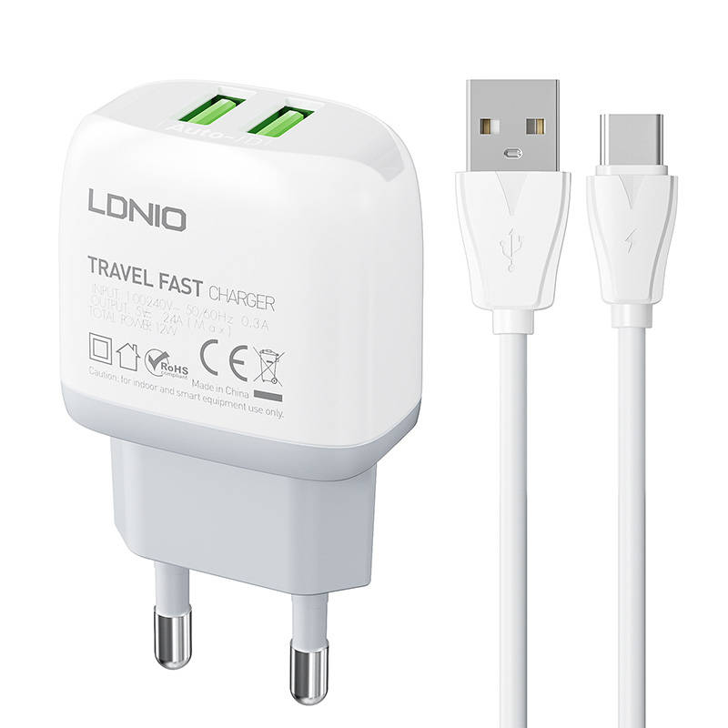 Ldnio A2219 2x USB-A Hálózati töltő + USB-C kábel – Fehér (12W)